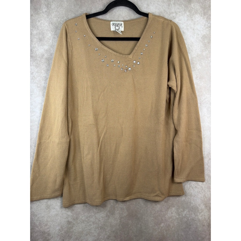 Cervelle Tan Embellished V Neck Long Sleeve Sweater Women's Large Acrylic‎